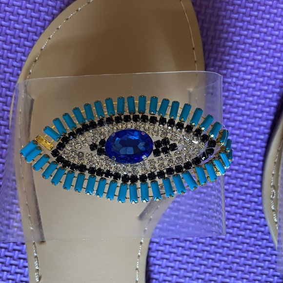 NWOT CLEAR Evil Eye Good Vibes Sequin Bead Sandals - Picture 4 of 4